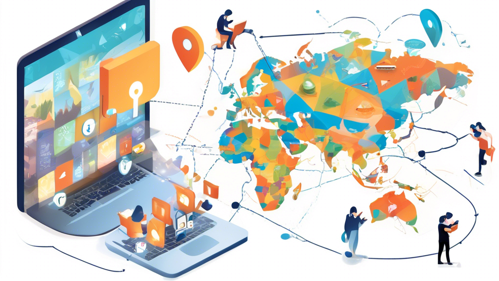 An illustration depicting the advantages of using smart DNS proxy servers, featuring elements like fast internet speed, unlocked geo-restricted content represented by a world map with location markers, and an easy-to-use interface shown on a computer or mobile device screen. Include visual representations of streaming services and happy users enjoying uninterrupted access to online content. The overall aesthetic should be modern, clean, and tech-savvy.