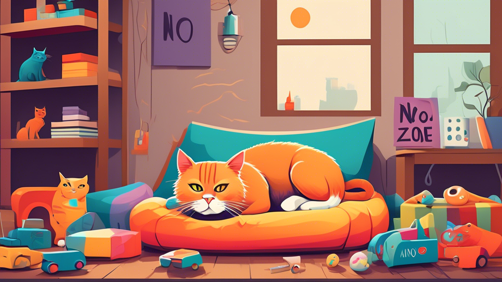 Create an image of a content spayed cat lounging in a peaceful and unmarked home environment, surrounded by toys and a cozy bed, with a sign in the background that says No Marking Zone.