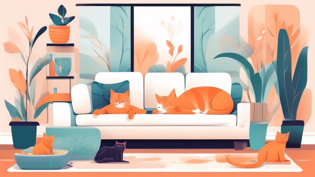 Create an image of a serene and clean living room with multiple strategically placed litter boxes, calming pheromone diffusers, and a happy spayed cat lounging contently in the environment.