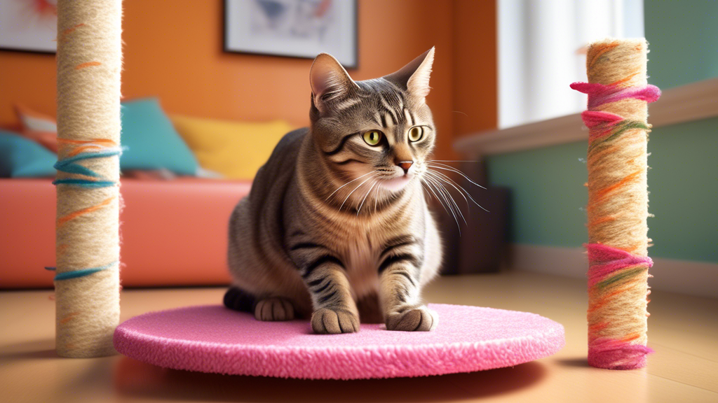 Create an image of a spayed cat confidently using a scratching post instead of marking territory, with various enrichment items and a consistent routine highlighted in the background to demonstrate the importance of behavioral modifications and consistency in preventing this behavior.