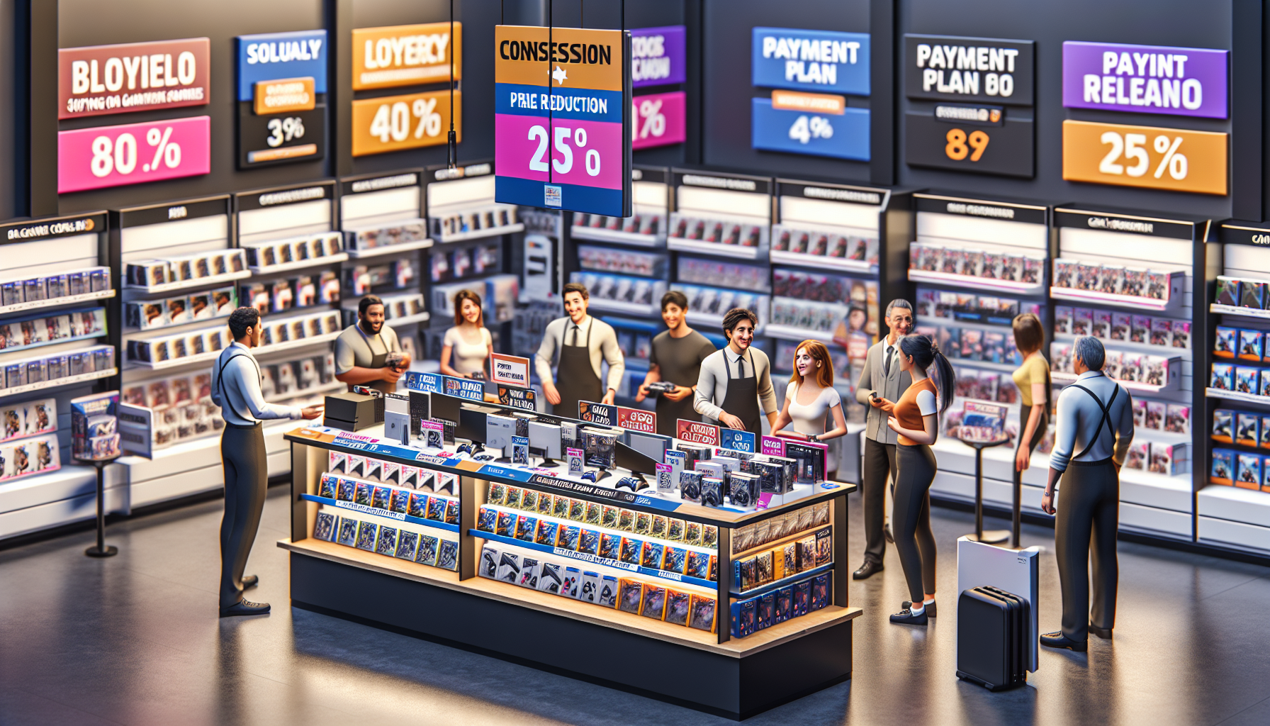 Create an image of a Media Markt store aisle filled with prominently displayed PS4 consoles, accessories, and games, adorned with vibrant Sale and Discount signs. Highlight Media Markt’s loyalty program cards, discount coupons, and financing brochures placed neatly on a counter, with happy customers interacting with helpful staff. The overall ambiance should reflect excitement and value, emphasizing maximum savings on PS4 purchases.