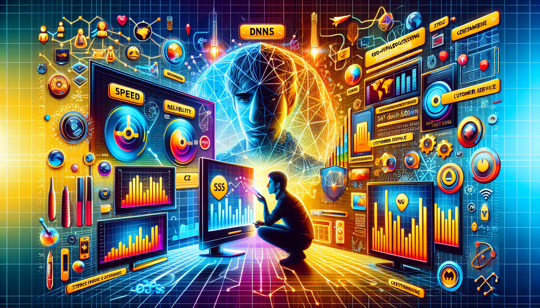 A detailed and colorful image showcasing a comparison chart of various DNS services. The chart highlights features essential for streaming BBC iPlayer such as speed, reliability, customer support, and geo-unblocking capabilities. Next to the chart, include a split-screen view featuring a happy user watching BBC iPlayer content. The background should subtly include the BBC iPlayer logo and icons representing a range of devices (TV, laptop, smartphone). The image should emanate a tech-savvy and user-friendly ambiance.