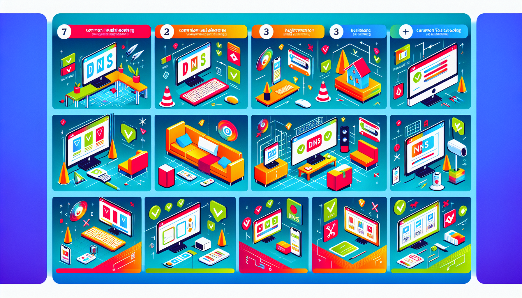 Illustrate a step-by-step guide to setting up a DNS service for accessing BBC iPlayer. The image should show a series of scenes featuring different devices, such as a Smart TV, PC, and Smartphone, with each scene highlighting the process of registering, configuring the DNS service, changing DNS settings, and troubleshooting common issues. Include visual cues like checkmarks for successful steps and warning icons for troubleshooting.