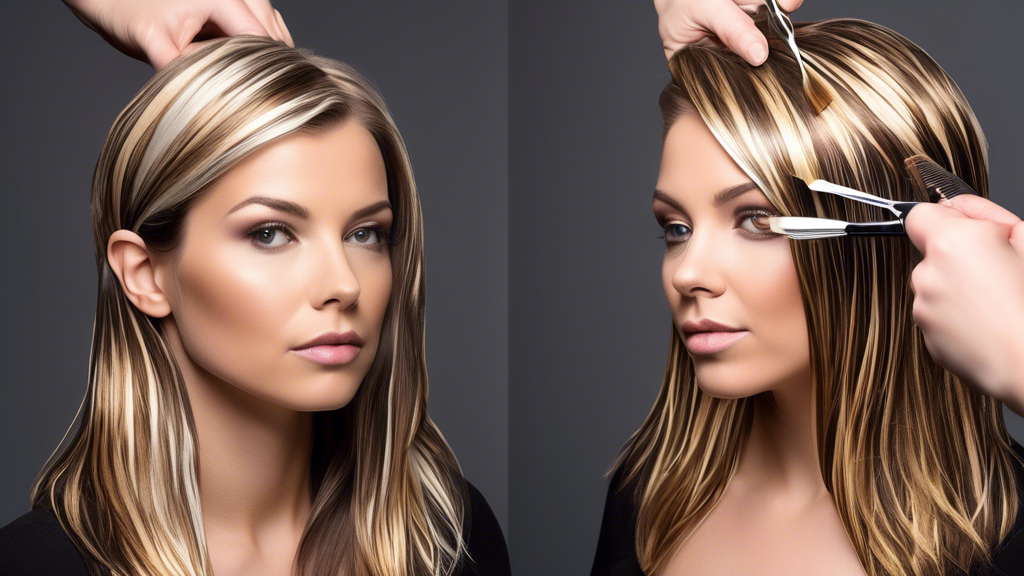 Create a detailed, step-by-step illustration of a professional hairstylist applying blond foils to dark hair. The image should include the essential tools like foils, a tail comb, hair clips, and a coloring brush. Show each stage of the process clearly, from sectioning the hair to applying the color and wrapping the foils. Highlight the precision and technique involved in achieving perfect blond foils on dark hair. Make sure the setting looks like a professional salon, with a hint of the luxurious and transformative results awaiting at the end.