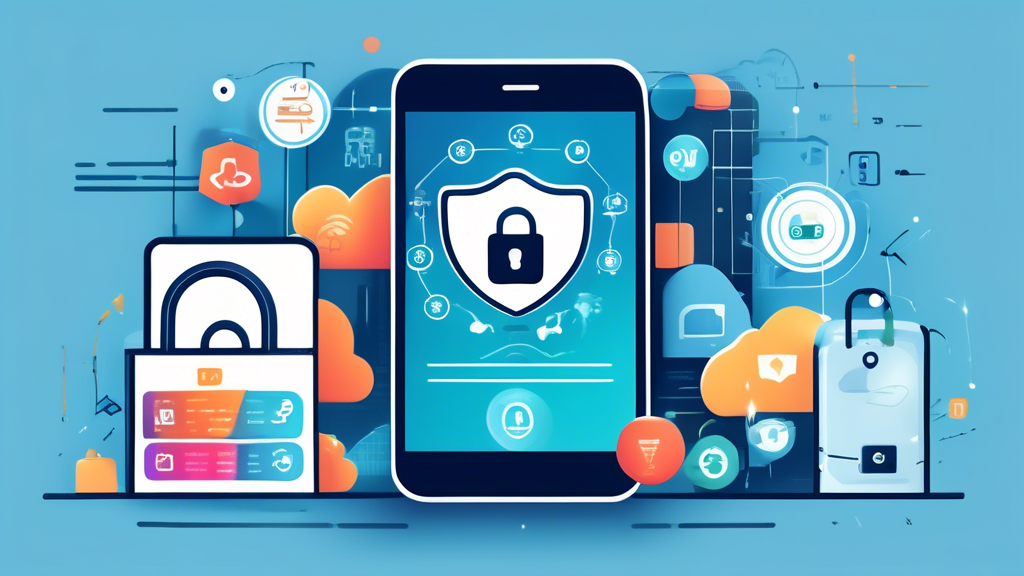 Create an image featuring a sleek smartphone displaying a VPN app interface with various icons and metrics representing strong encryption, a no-logs policy, fast speed, and reliability. The background should include visuals of security shields, a padlock, and streaming symbols, emphasizing user privacy, security, and a user-friendly experience. The scene should be modern and tech-savvy to align with cutting-edge mobile VPN features. Include subtle text labels near the icons that read Strong Encryption, No-Logs Policy, User-Friendly Interface, and High Speed.