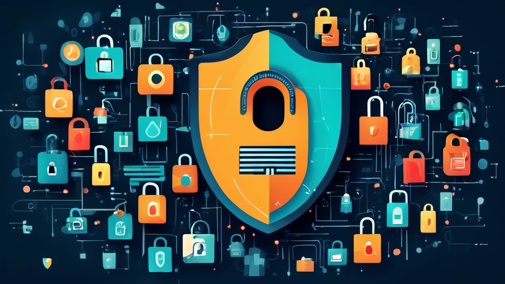 Create an image of a digital lock symbolizing security and privacy on a computer screen, surrounded by icons representing data protection, anonymity, and hackers being blocked. The setting should be a modern home office environment, with a sleek computer setup emphasizing the concept of an unblocked internet browser enhancing privacy and security. Include subtle visual cues like shield icons and padlocks to represent built-in security features.