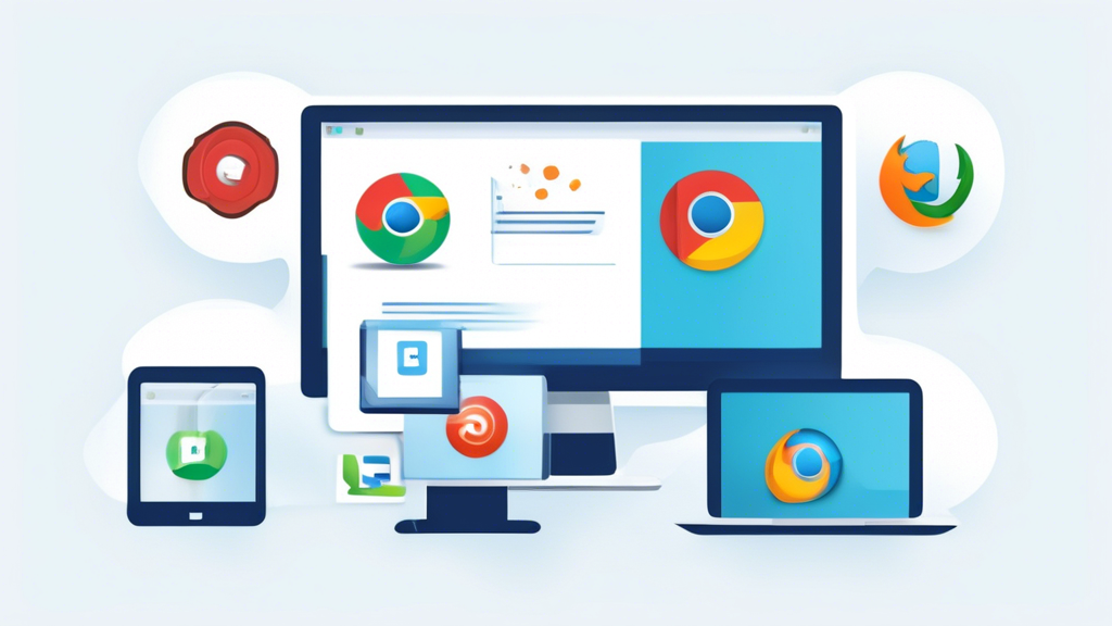 Create an image that depicts the benefits of using an unblocked internet browser, emphasizing optimal performance and user experience. Show a person using an internet browser on multiple devices with a visually appealing and customizable user interface. Highlight elements like faster page load times and reduced latency, possibly with progress bars or speed indicators. Include symbols or icons representing different operating systems to indicate wide compatibility. Ensure that the scene looks seamless and modern, reflecting a high-quality browsing experience.