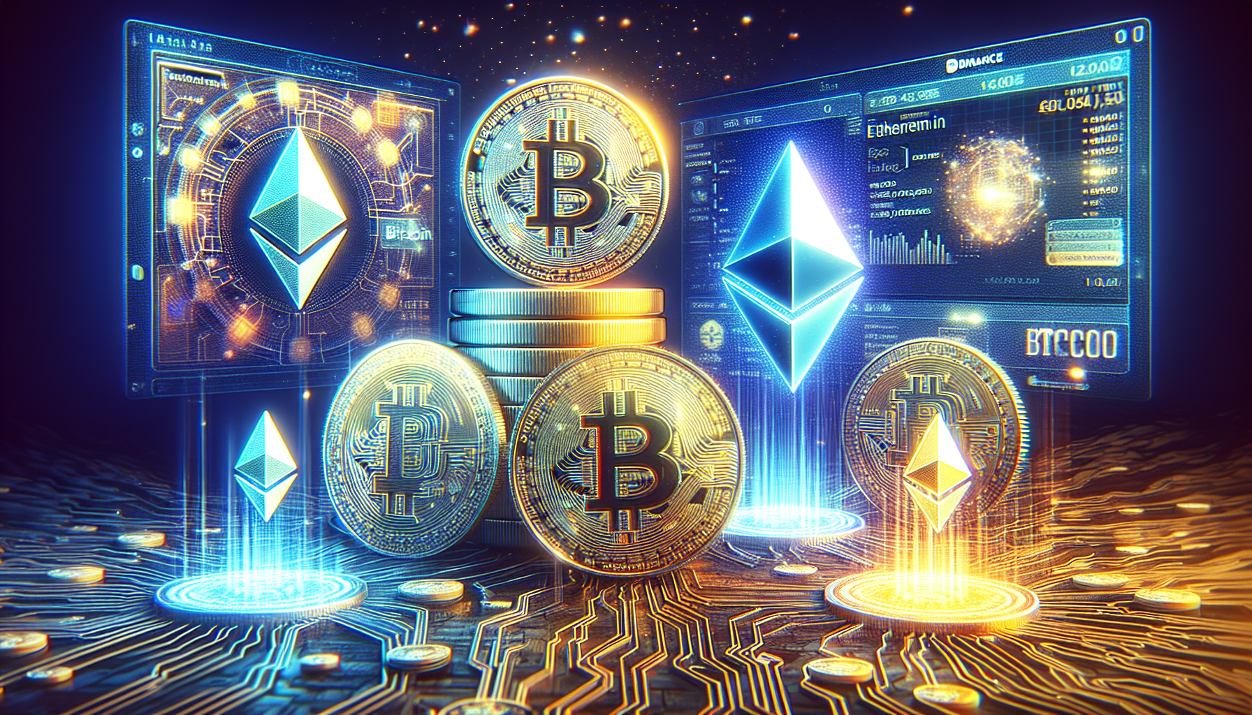 A detailed and futuristic digital illustration showcasing the top three cryptocurrencies leading financial innovation. Highlight Bitcoin (BTC) prominently as tall, imposing, gold-like digital coins with circuit patterns, symbolizing dominance and legacy. Surround it with Ethereum (ETH) represented by sleek, holographic smart contracts and decentralized applications, emitting a blue glow indicating technological advancements. Include Binance Coin (BNB) in the background as a vibrant, powerful token integrated into a crypto exchange interface, displaying transaction fees and trading discounts. The scene should convey a sense of cutting-edge innovation and transformation in the financial world.