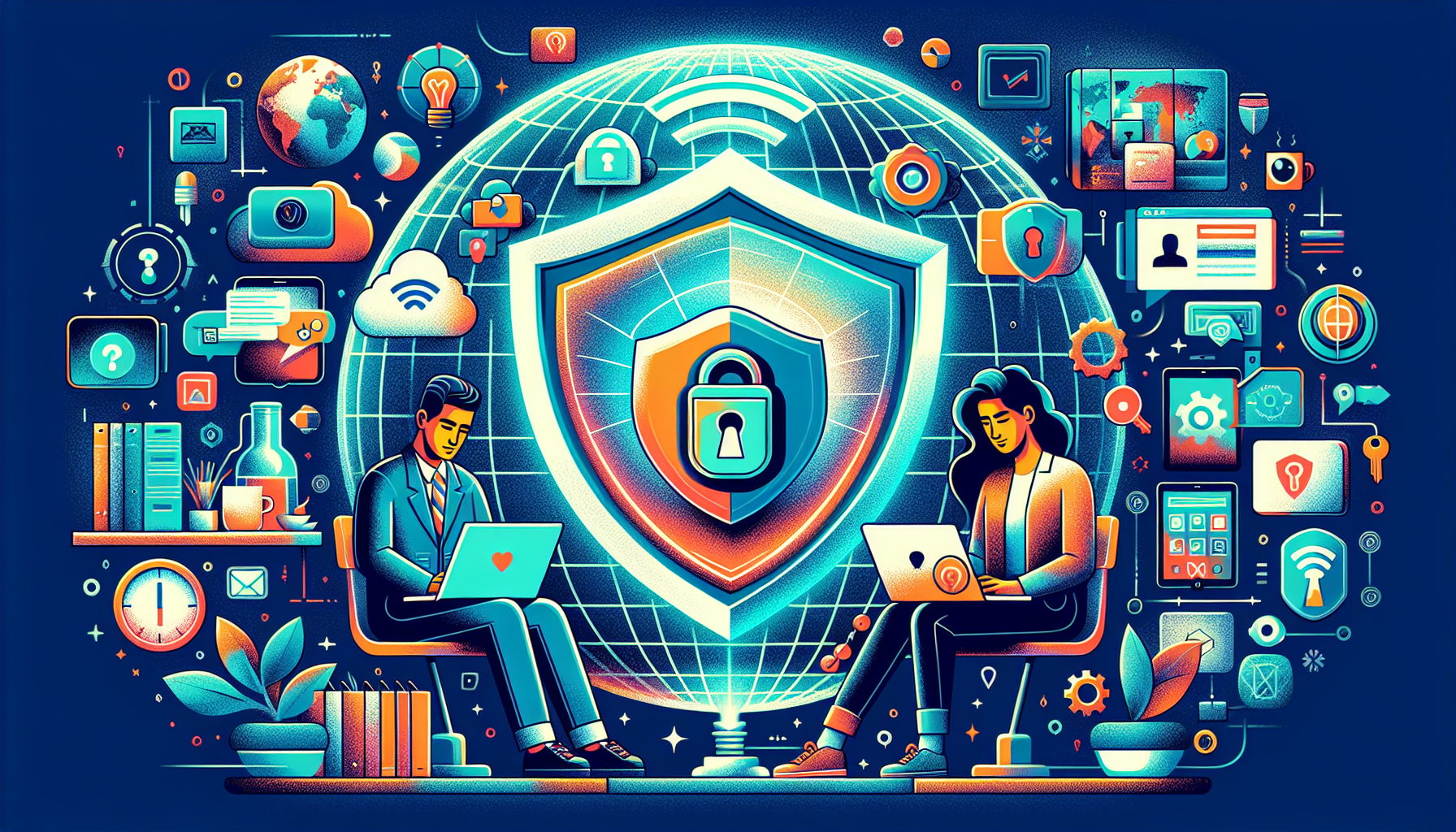 Create an image that vividly illustrates the benefits of using a Virtual Private Network (VPN). The image should include:

1. A representation of online privacy and anonymity, such as a person using a laptop with a shield icon symbolizing security.
2. A depiction of security on public Wi-Fi networks, showing a person using a secure device in a coffee shop or public setting with a Wi-Fi symbol and padlock.
3. Visual cues for accessing geographically restricted content, like a globe with various entertainment or media icons and a lock being opened with a VPN key.

The overall aesthetic should be modern and tech-savvy, with a color palette that conveys trust and security (e.g., blues, greens).