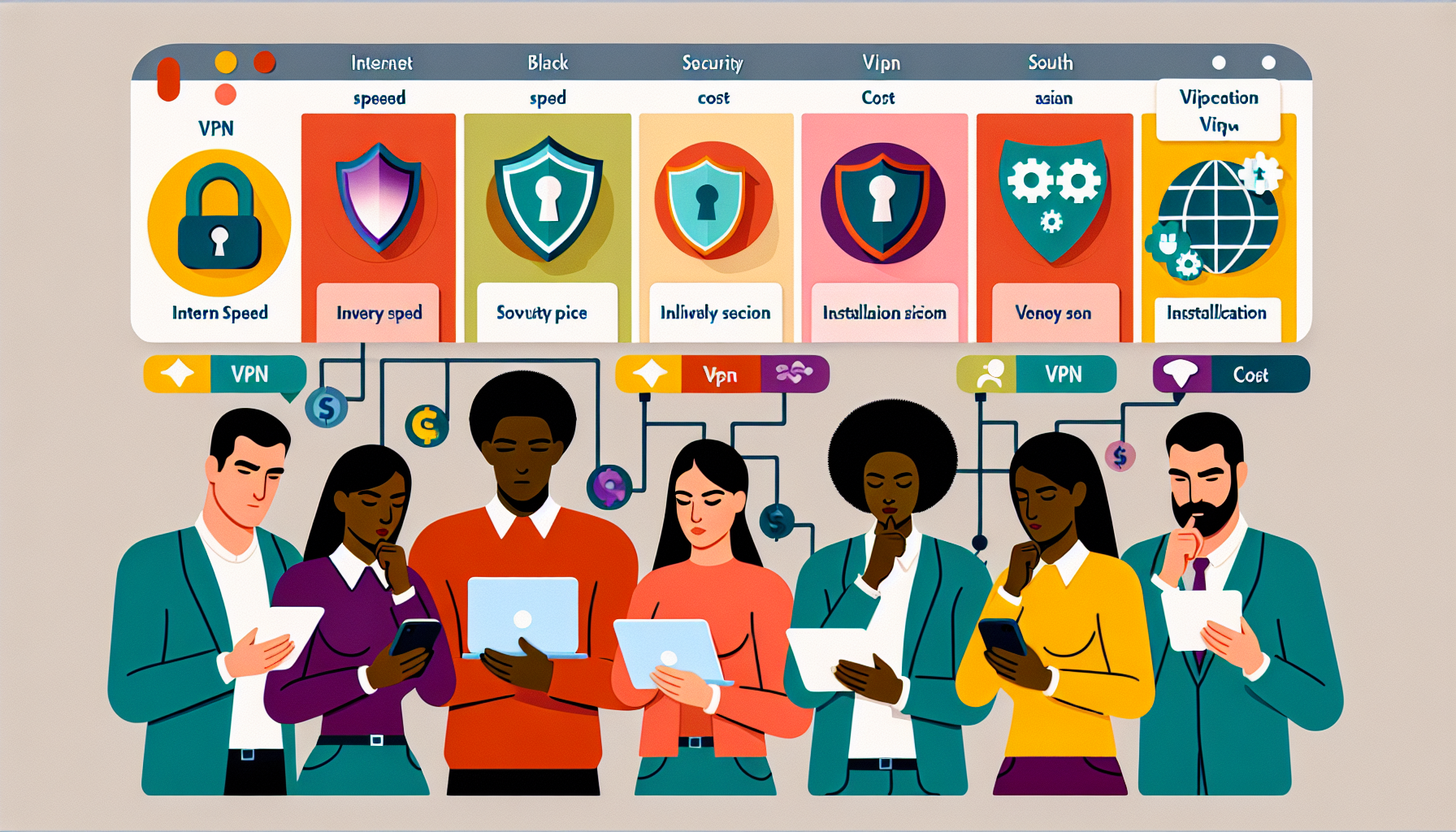 Create an image to illustrate: *Cómo Elegir la Mejor Virtual Private Network (VPN) para Tus Necesidades*. Show a diverse group of people contemplating various VPN options on their devices, with icons representing key factors like speed, security, cost, and compatibility. Include a comparison chart with popular VPN brands and a guide or checklist for installation and usage tips, all in a modern, user-friendly design.