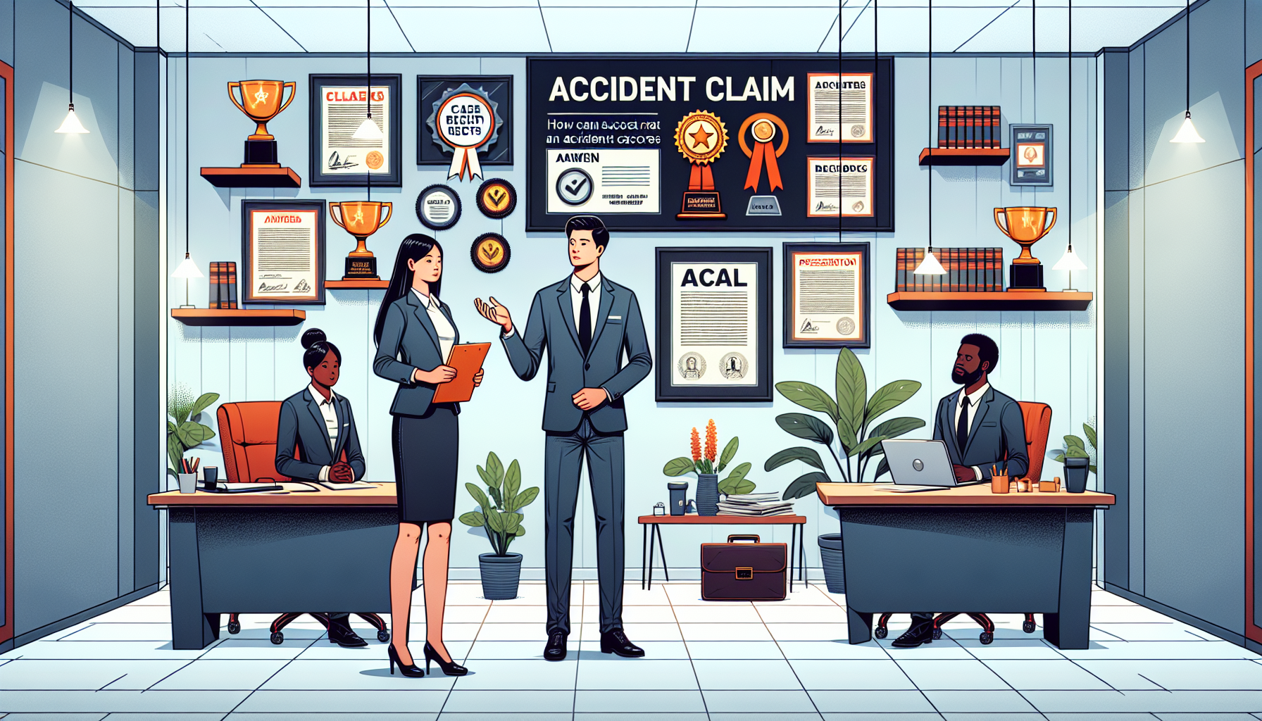 An individual interviewing a series of professional accident claim lawyers in a spacious, modern office, each lawyer showcasing a different specialty or focus area. The scene includes certificates and awards on the walls, a legal bookshelf in the background, and a table with visible client reviews and case results documents. Each lawyer is in a discussion or presentation mode, aiming to demonstrate their expertise and success rate in accident claims.