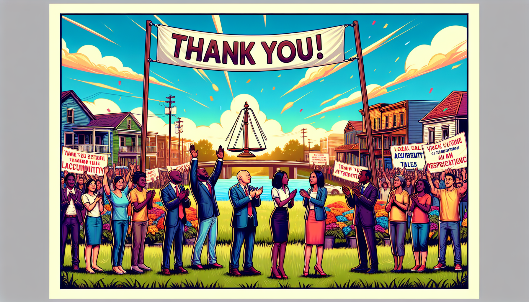 Create an inspiring image of a local community celebration where grateful clients are thanking their accident claim lawyer, with banners of 