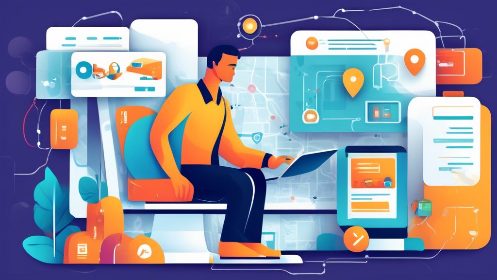 Create an image showing a commercial driver sitting at a computer, searching for DOT Physical Card Near Me on a website. Surrounding the driver, incorporate icons representing online resources and directories, accredited medical facilities, and clinics in various locations. The background should feature a map and location pins to emphasize finding nearby facilities.
