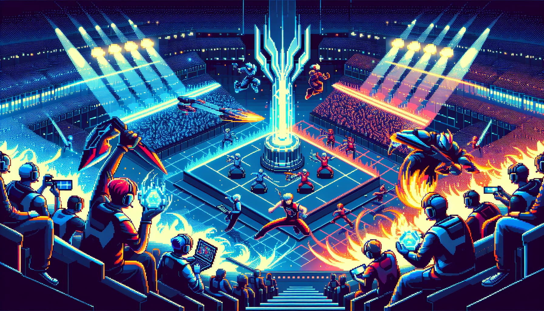 Create an image depicting the excitement and intensity of the Valorant Champions 2023. Showcase the top performing teams and star players in action, with vibrant visuals of their iconic characters and team logos. Include dynamic scenes of strategic gameplay, capturing the essence of their past performances and innovative strategies. The background should feature an electrifying tournament atmosphere with roaring crowds and dazzling lights, emphasizing the high stakes of the championship.