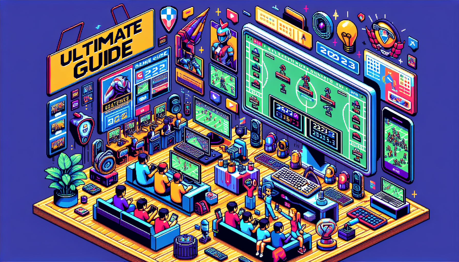 Create an image depicting the ultimate fan guide for Valorant Champions 2023. The scene should showcase a variety of viewing platforms such as big screens, computers, and mobile devices streaming live matches. Include a detailed daily match schedule on a digital calendar and highlight key matches with vibrant icons. Show enthusiastic fans engaging in community activities, social media interactions, and enjoying the event together, both online and in person. Integrate elements of the Valorant Champions 2023 logo, and use a modern, sleek design that reflects the high-energy and immersive experience of the tournament.