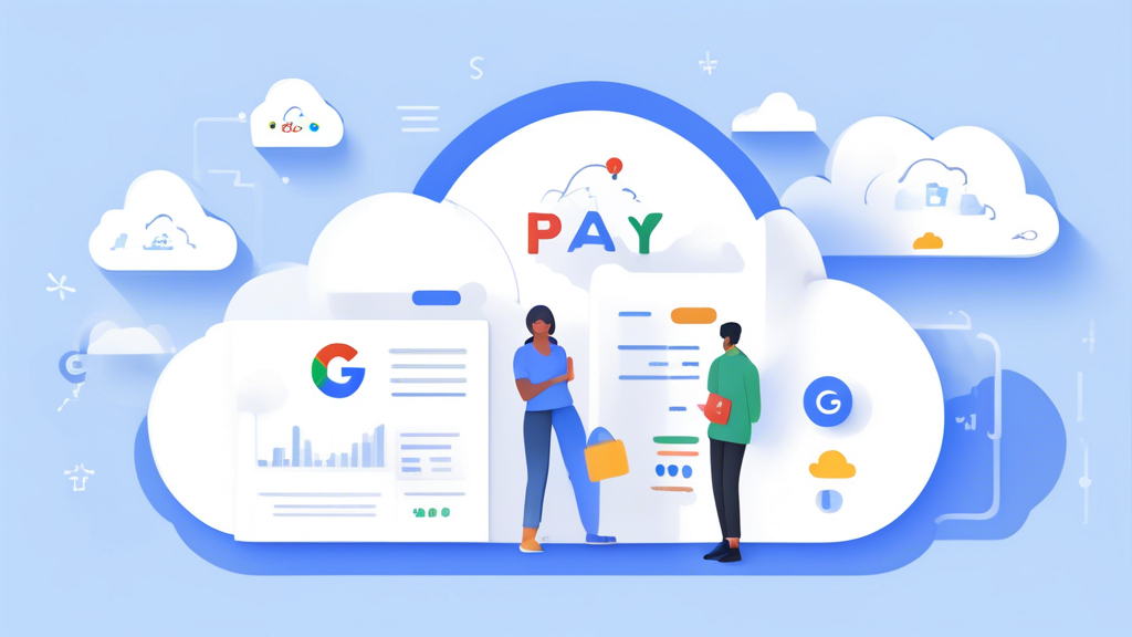 Create an image that illustrates the detailed analysis of Google Cloud pricing options, featuring three main elements: the pay-as-you-go model with its benefits, discounts and reservations for savings through commitments and long-term use, and Google’s calculation and forecasting tools. Include visual representations like digital charts, percentage signs, and icons of cloud services in a modern, tech-oriented style.