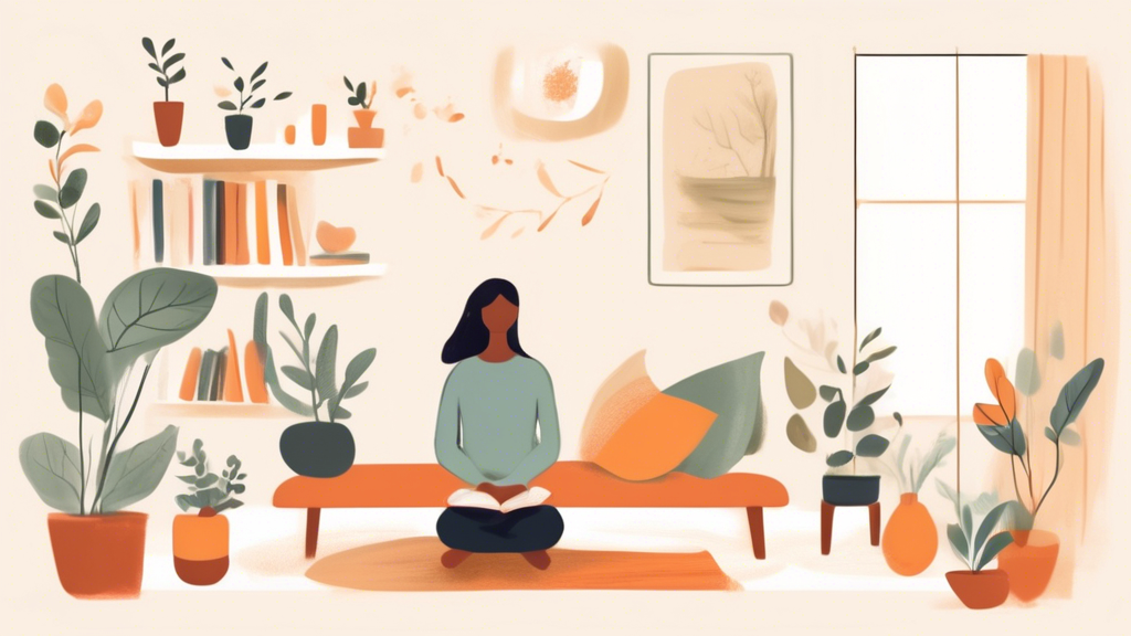 Create an image depicting practical steps to cultivate contentedness in everyday life. Show a minimalist, serene room with a cozy reading nook, soft natural lighting, and a person engaged in mindful meditation. Include subtle details of decluttered spaces, simple decor, and a small gratitude journal on a table to emphasize appreciating small joys.