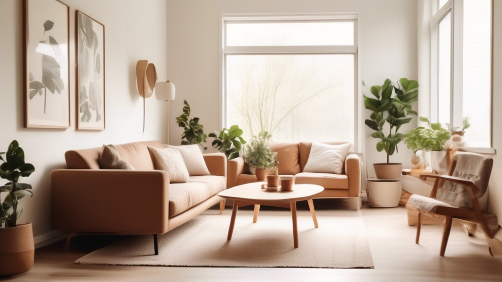 /Imagine a serene scene in a minimalist home with a cozy living room. A small family sits together on a simple, comfortable couch, smiling and engaged in genuine conversation. The background shows a neat, decluttered space with a few cherished items, like family photos or a small potted plant. Soft, natural light filters through the windows, creating a warm and tranquil atmosphere. The image should evoke a sense of peace, contentment, and connection, illustrating the long-term benefits of embracing a contented lifestyle, such as reduced stress, strengthened relationships, and enhanced quality of life.