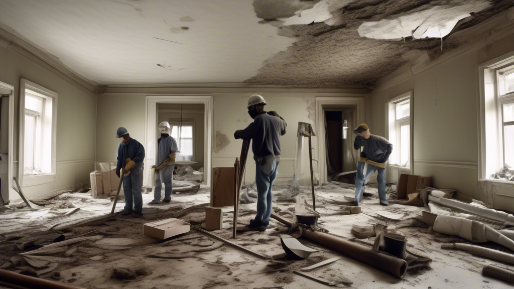DALL-E prompt for an image related to outline point #3:

A split-screen image showing a home interior under renovation: on one side, workers repairing a damaged floor with exposed pipes, and on the other side, a family staying in a hotel room with suitcases, illustrating temporary living arrangements during sewer line repairs.