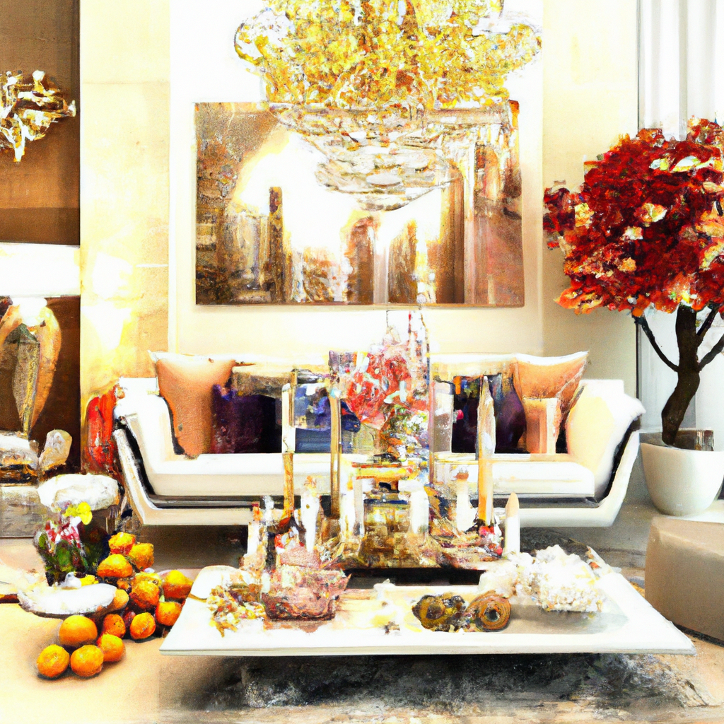 An elegantly designed living room with an opulent yet cozy atmosphere. The room showcases various fragrance elements, such as high-end diffusers, sophisticated scented candles, and artfully arranged potpourri. The background features plush seating and tasteful decor, exuding warmth and comfort. Include visual cues for fragrance families, like a floral centerpiece, woody elements like carved wooden decor, fresh citrus fruits in a decorative bowl, and an oriental-patterned rug to represent different scent profiles. This image captures the essence of choosing the right luxury home scents for different spaces in your home.