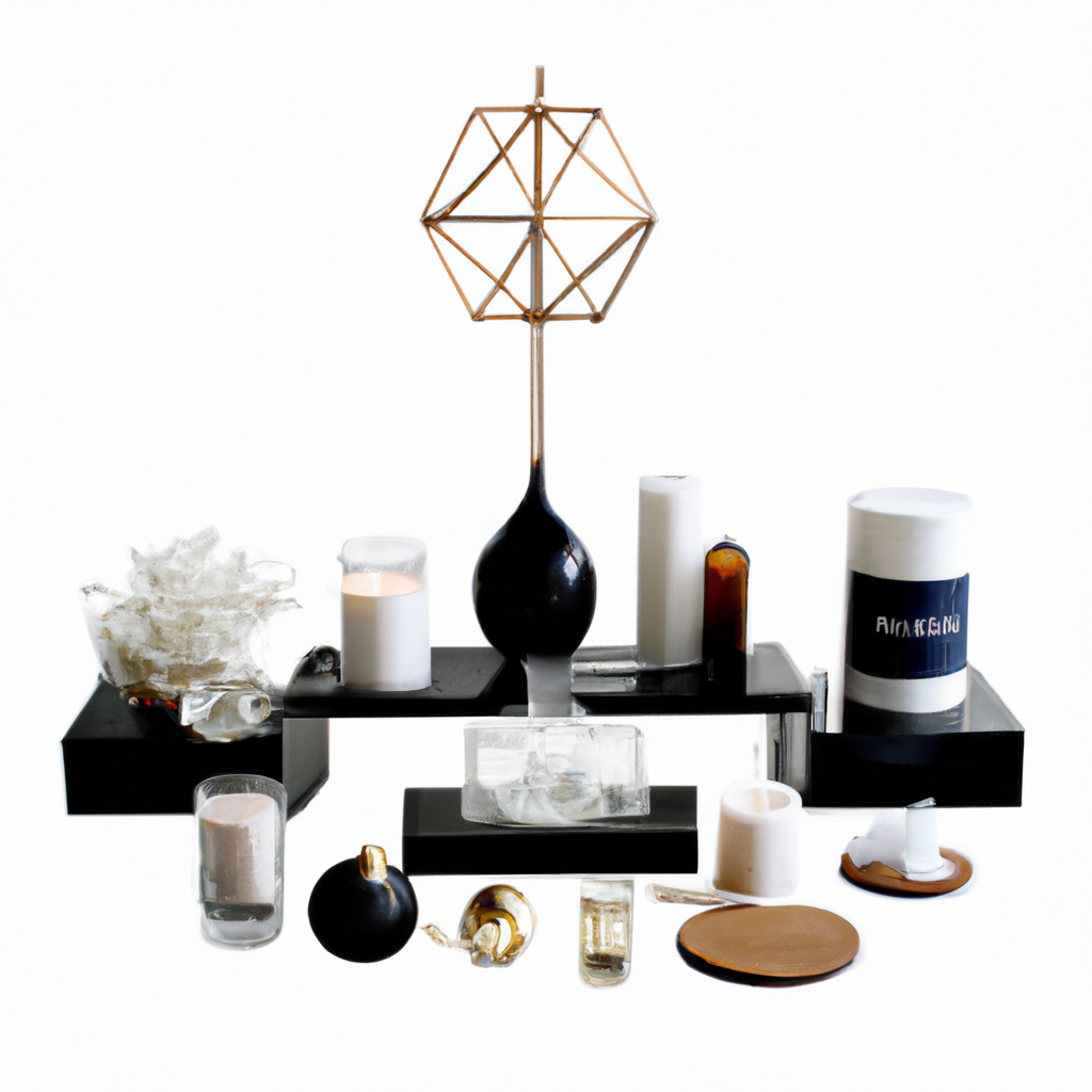Create an image of a modern, elegant living room featuring various methods of dispersing luxury home scents. Include three distinct stations: a beautifully designed scented candle on a coffee table, an elegant reed diffuser on a stylish shelf, and a sophisticated room spray bottle on a chic console table. The room should have a warm, inviting atmosphere with a layered, dynamic fragrance environment hinted at through subtle visual cues like light wisps of aromatic smoke blending harmoniously. Text description: Innovative Ways to Integrate Luxury Home Scents.