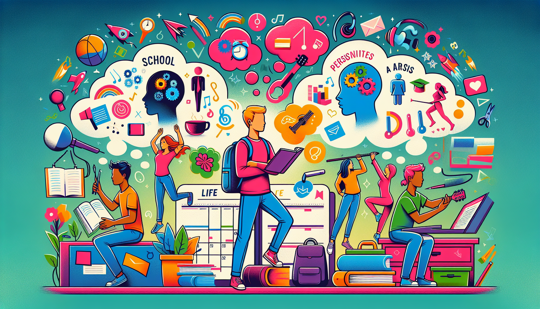 **DALL-E Prompt:** Create an image that captures a teenage student engaging in various activities that represent good side hustles for their age group. The scene should include elements like a schoolbag and homework to symbolize the importance of balancing school and work, thought bubbles with icons showing different personal interests and skills (e.g., a musical note, a paintbrush), and a flexible calendar highlighting the flexibility and ease of access suited for teenagers. The overall atmosphere should be vibrant and youthful, reflecting the diverse opportunities teens have for side hustles.