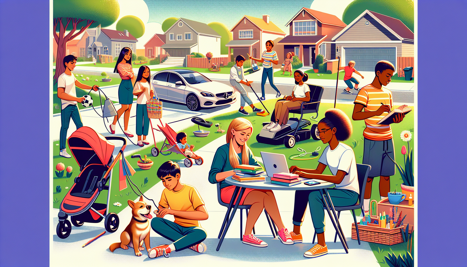 Create an illustration featuring a diverse group of teenagers engaging in various side hustles. One teen is tutoring a younger child at a desk littered with books and stationery. Another is walking a dog while talking to a neighbor who has a baby in a stroller, representing pet sitting and babysitting. A girl is taking notes in front of a laptop, depicting freelance writing, while a boy is mowing the lawn. Nearby, another teen is meticulously washing a car. In the background, have a teen sewing and crafting at a table full of handmade items, another chatting on the phone representing social media management, and others either gaming or making deliveries.  The scene is vibrant, energetic, and exudes a sense of practicality and industriousness. The backdrop is a sunny suburban neighborhood setting that is bright and inviting.