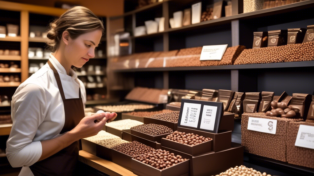 An expert chocolatier delicately selecting high-quality espresso beans for chocolate coating, surrounded by an array of dark, milk, and white chocolates, with visible labels indicating different bean origins like Ethiopia and Colombia. In the background, a cozy artisanal shop shelf displays a variety of packaged chocolate covered espresso beans, with a small computer open to an online artisan marketplace showcasing more options.