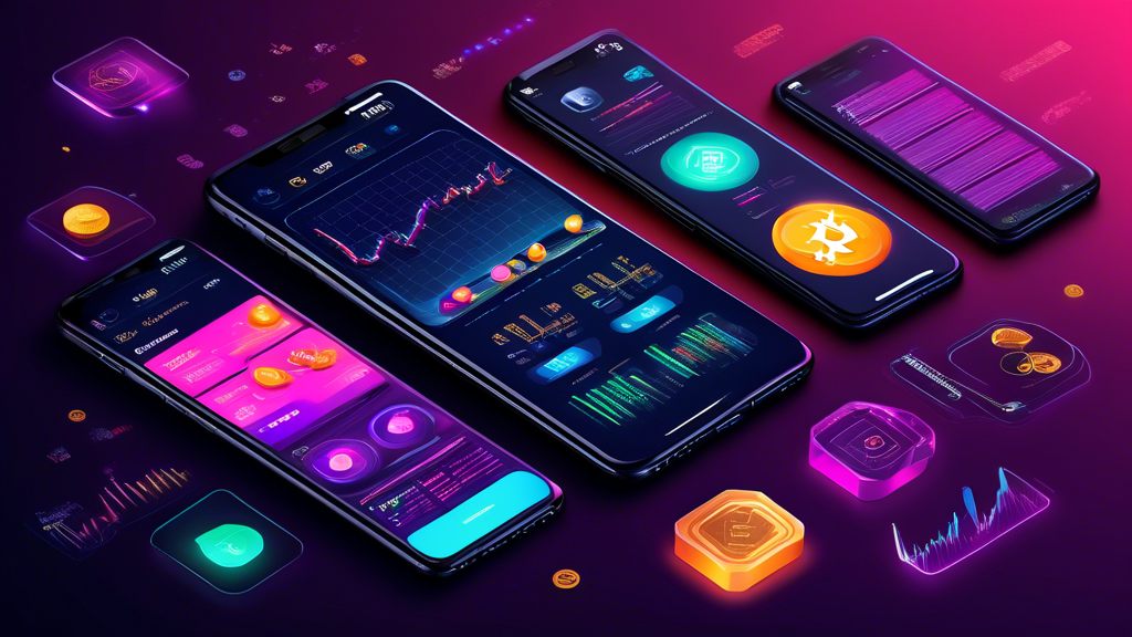 A highly detailed and modern digital illustration showcasing the top 5 crypto trading apps of 2023. Each app is represented by a sleek and futuristic smartphone screen displaying the unique interface and key features of the respective apps. Incorporate elements like candlestick charts, trading graphs, and crypto coin icons such as Bitcoin and Ethereum. The background should be a blend of vibrant colors and abstract tech elements to emphasize innovation and technology. Include subtle labels for each app