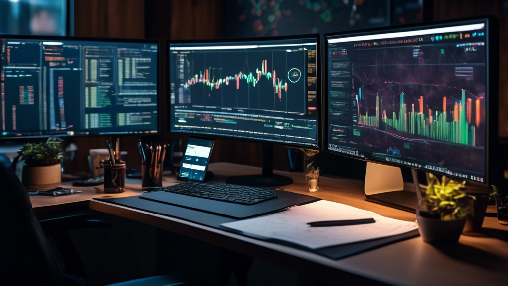 Create a DALL-E prompt for an image that relates to the third point of the outline, Continuous Learning and Analyzing Performance:

---

Prompt: A modern digital workstation with multiple computer screens displaying cryptocurrency charts and market news. There are financial books and notepads scattered around the desk. A focused, young trader in casual attire is using a laptop, taking notes with a pen in one hand. In the background, there is a whiteboard filled with handwritten notes and graphics about trading strategies and performance analysis. The ambiance is that of a home office, well-organized and tech-savvy, emphasizing continuous learning and analysis in crypto trading.

---