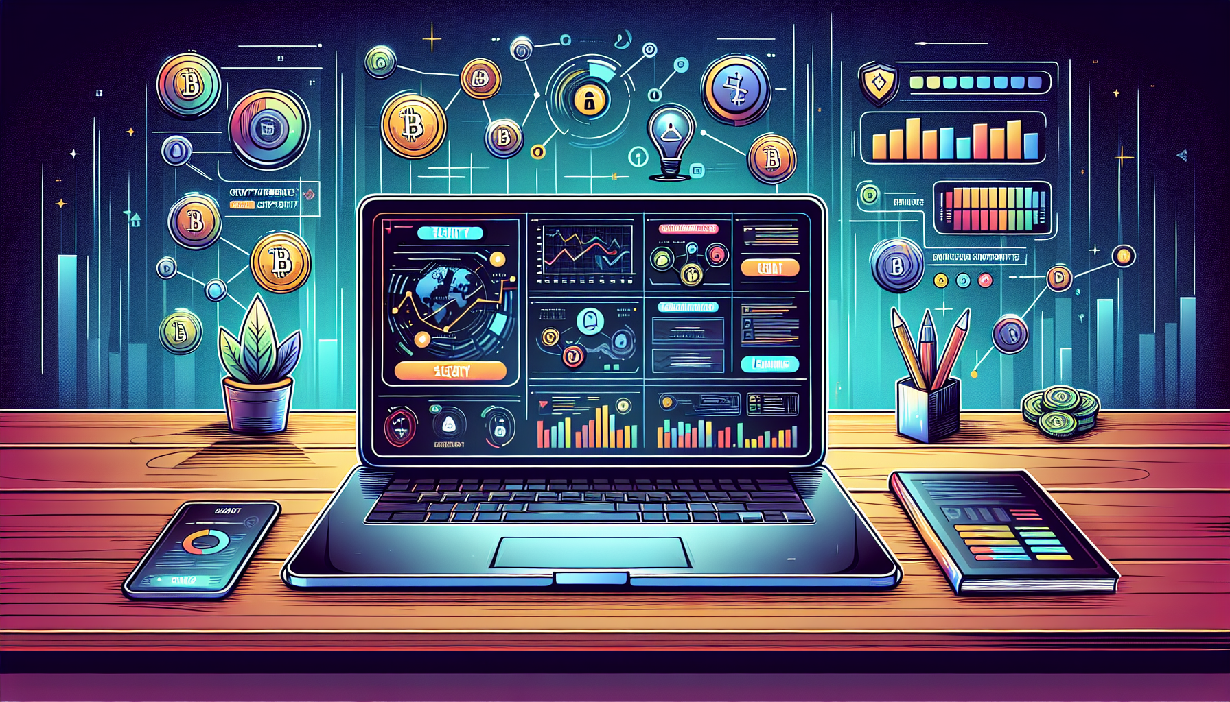 Create an image of a modern, sleek laptop on a wooden desk, displaying a detailed dashboard of a crypto trading platform. The screen should showcase various security features, a clean and intuitive user interface, a list of supported cryptocurrencies, and visible fee structures. Additionally, include elements such as customer support chat icons and educational resource tabs to highlight the platform