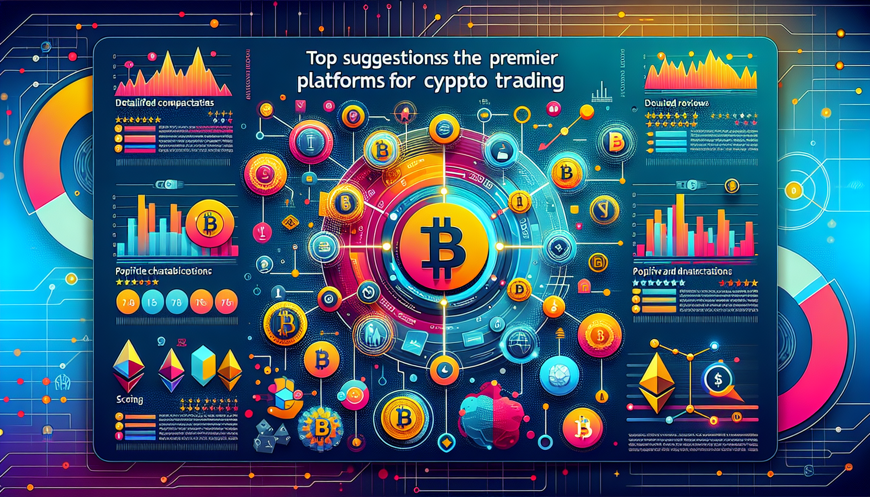 Create an image showcasing a comparative analysis chart of the top crypto trading platforms. The chart should include detailed reviews, key features, pros and cons, and ratings based on expert opinions and user testimonials. The background should have a modern, digital theme with elements of cryptocurrency symbols like Bitcoin and Ethereum. The title on the chart should read 