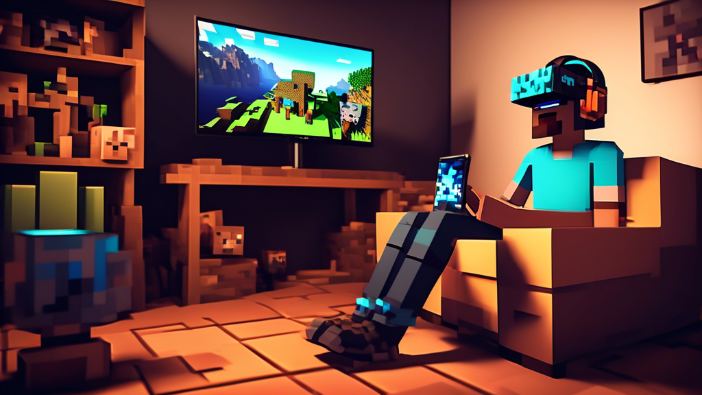 Prompt: A gamer sitting in front of a PlayStation 4, wearing a VR headset, with the Minecraft title screen on the TV. The scene includes detailed components such as the DualShock controller, a comfortable gaming chair, and PS4 console. On one side, a step-by-step walkthrough poster shows 