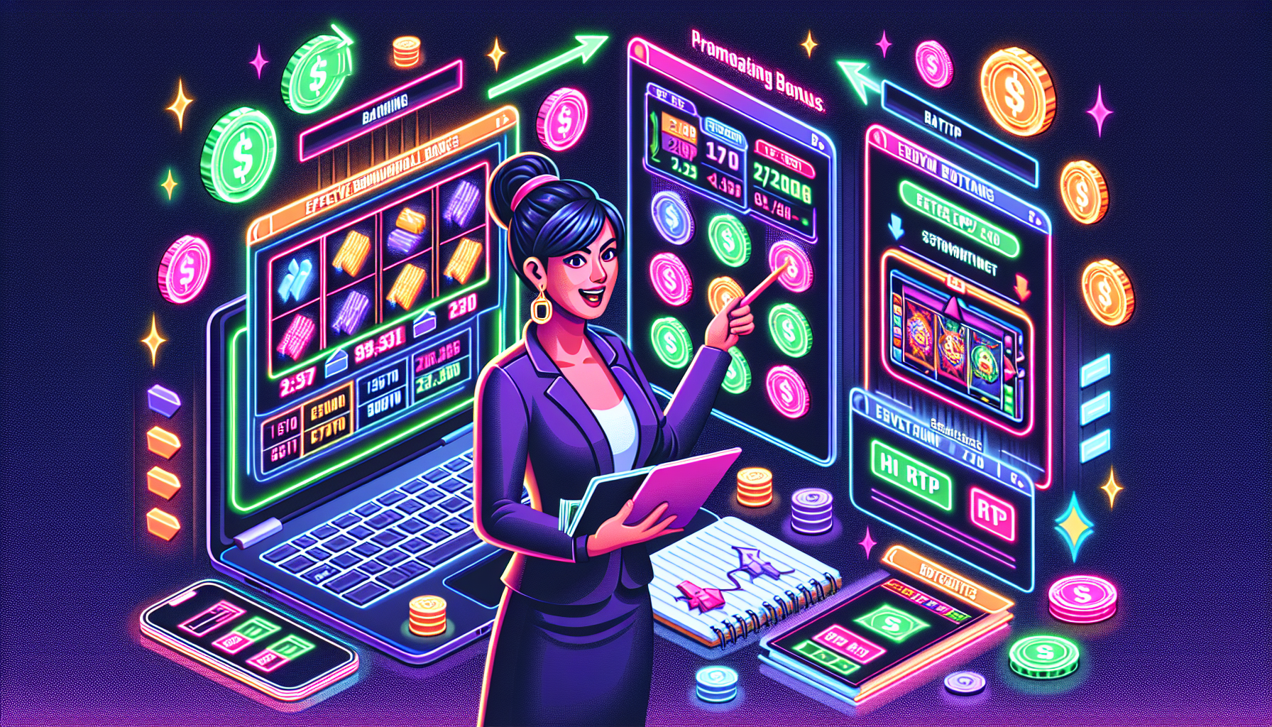 Create a detailed digital illustration showcasing a player interacting with various elements of Betfair Casino on different devices. Emphasize strategies to maximize winnings, such as selecting high RTP games with charts showing return rates, highlighted promotional bonuses, and effective bankroll management tips. Ensure the scene exudes a sense of excitement, achievement, and strategic planning.