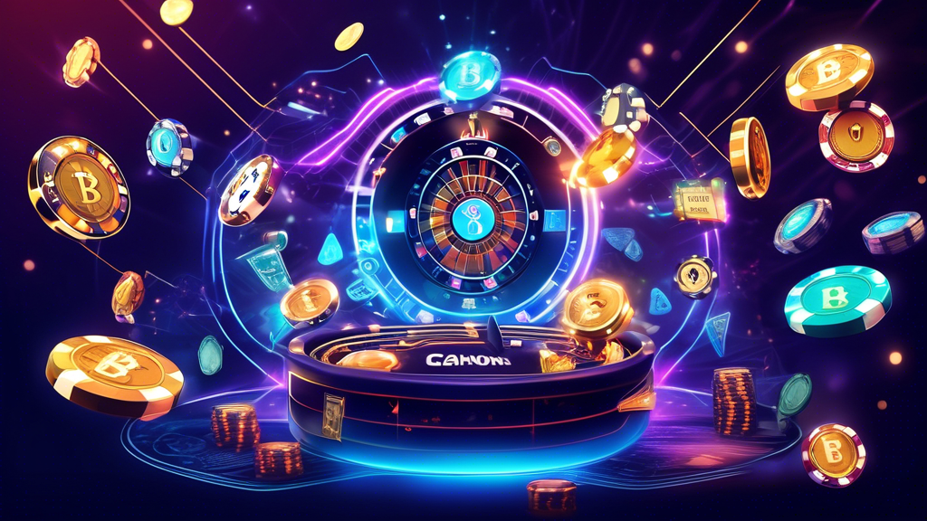 Create an image of a futuristic online casino interface where blockchain technology and cryptocurrencies like Bitcoin and Ethereum are prominently featured. The scene should include digital representations of popular casino games like poker and slots, set against a background of a decentralized network. Highlight elements like secure transactions with padlock icons, and seamless, lightning-fast payouts to visualize how crypto integration is transforming the casino experience.