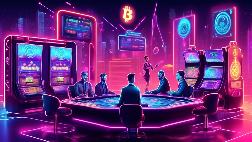 Create an illustration showing the future prospects and challenges of crypto casinos. The scene should depict a futuristic casino, with neon lights and digital screens displaying various cryptocurrencies. On one side, show a judge