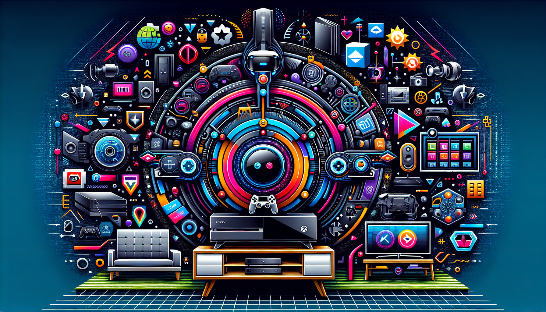 Create a high-resolution digital illustration showcasing the PS4 Pro console in the center, surrounded by vibrant icons and imagery representing various multimedia and entertainment features. Include detailed elements such as a VR headset indicating enhanced VR gaming experiences, streaming service logos like Netflix and YouTube displaying upgraded streaming quality, and a speedometer icon symbolizing faster loading times and upgraded storage. The background should feature a sleek, modern living room setup with a large 4K HDR TV, giving the scene a futuristic and high-tech aesthetic.