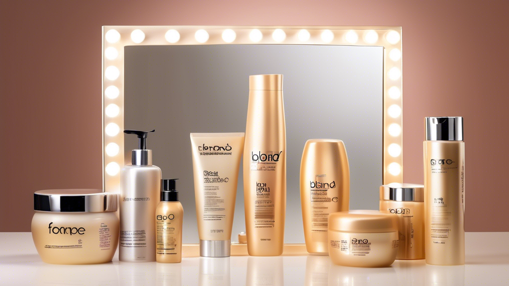 Create an image showcasing a selection of hair care products on a sleek vanity, designed specifically for maintaining and enhancing blond highlights done with foils. The scene should include shampoo, conditioner, leave-in conditioner, and a hair mask, all labeled as for blond highlights. The background should show a mirror reflecting healthy, vibrant blond hair with radiant highlights. Include soft lighting to emphasize the shine and health of the hair.