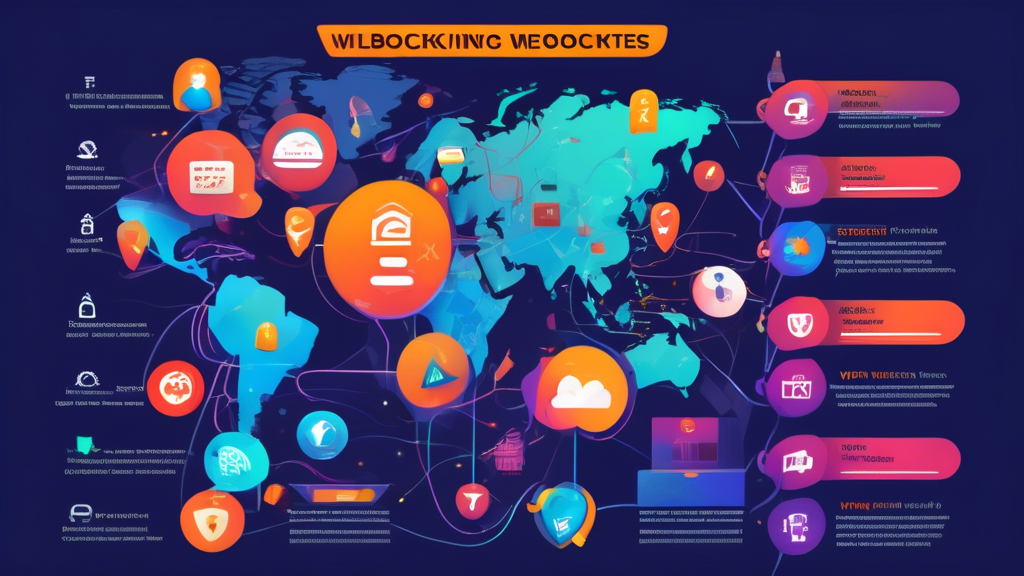 A detailed and vibrant illustration showcasing a comparison chart of the top free VPN providers for unblocking websites in 2023. Each VPN has its own column highlighting its unique features and limitations, with ratings and user reviews depicted through icons and short texts. The background should include various devices like laptops, smartphones, and tablets connected to a global network, emphasizing the accessibility and security these VPNs offer. Tags and icons representing key attributes such as speed, privacy, and server locations should also be included to guide the viewer