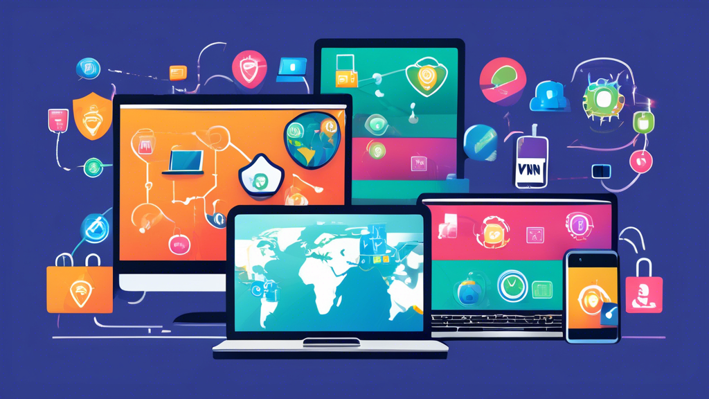 An image depicting a variety of digital devices (laptops, smartphones, tablets) with VPN icons and connectivity symbols, highlighting key factors for selecting a free VPN to unblock websites, including speed, bandwidth limits, and server locations. The background should feature a world map with server locations marked, and privacy/security padlocks to emphasize data protection.