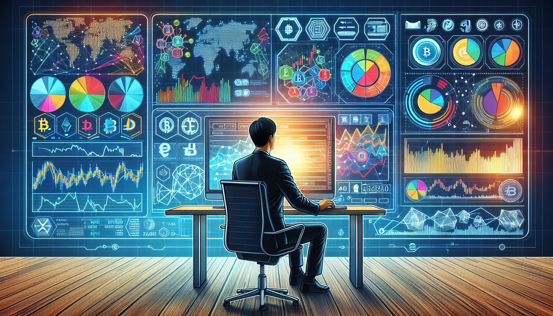 Create an image illustrating a smart investor analyzing a diverse portfolio of cryptocurrencies, featuring charts and graphs on a sleek modern computer screen. The background should show a dynamic digital interface with icons of various top cryptocurrencies, alongside tools and resources like tracking apps and websites that help in making informed investment decisions. Keywords: top 100 cryptocurrencies, investment strategies, tracking resources, digital analysis, financial technology.