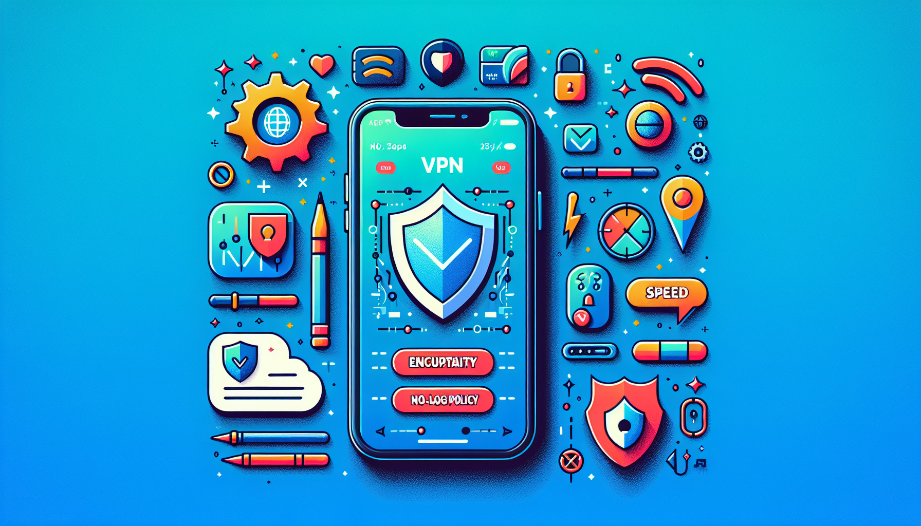Create an image showing an iPhone screen with a sleek, user-friendly VPN app interface open. Highlight key features on the screen like encryption, no-log policy, and high-speed connection indicators. Around the iPhone, include icons or illustrations representing security, speed, and a user-friendly experience to emphasize these top features.