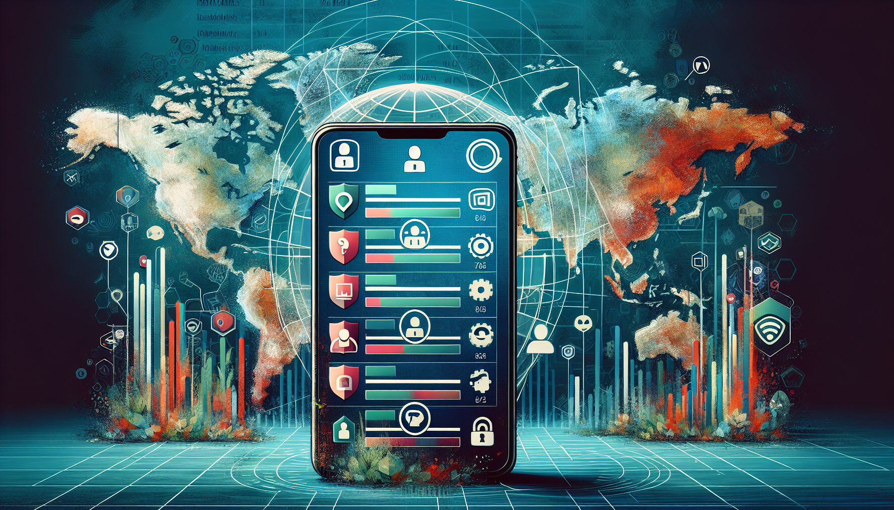 Prompt for DALL-E: Create an image of a modern iPhone displaying a comparison chart of the top free VPN apps for 2023. The chart should have columns showing pros and cons, with icons representing security features, user ratings, and expert opinions. In the background, include a subtle, stylized map of the world to emphasize global connectivity and internet privacy.