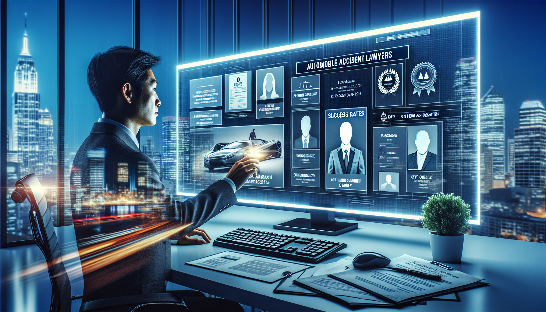 An individual evaluating profiles and credentials of different automobile accident attorneys, displayed on a digital screen, while sitting in a modern office. The image highlights documents with visible success rates, testimonials, and state bar association certifications scattered around the workspace. A luminous city skyline is visible in the background through large windows, symbolizing diverse urban legal environments.