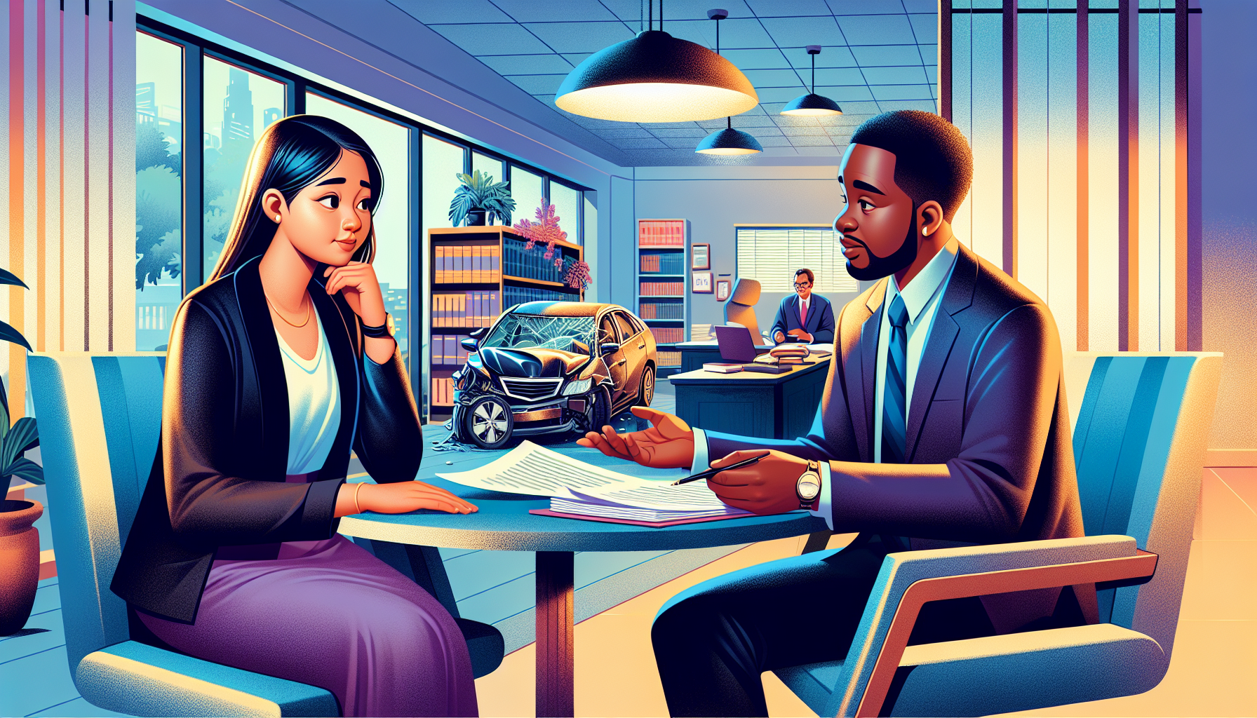 An illustrated scene depicting a client sitting in a well-decorated law office, thoughtfully asking questions to a professional, attentive automobile accident attorney who is explaining documents and fee structures, with a focus on ensuring clear communication and mutual understanding, in a calm and supportive environment.