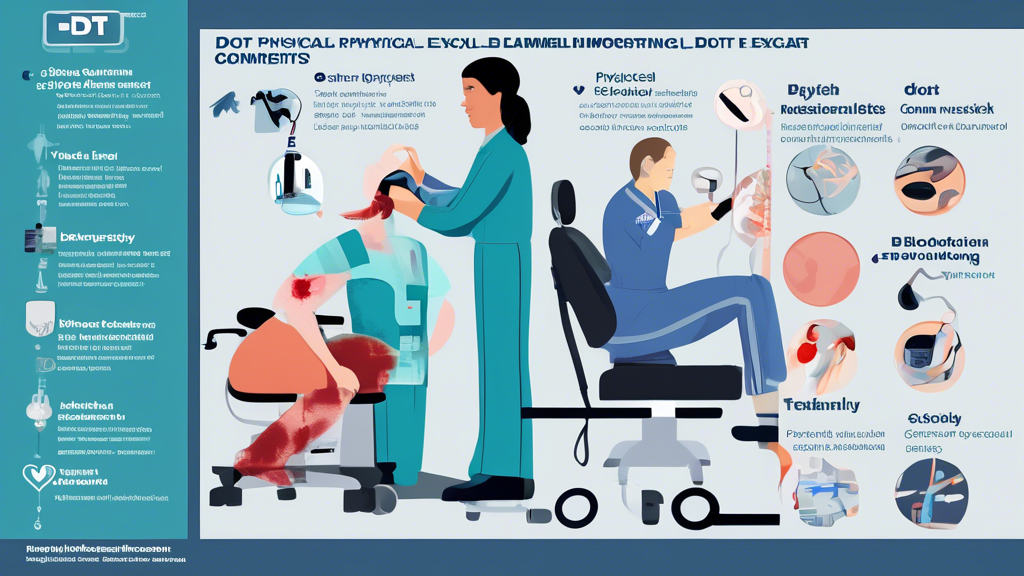 Create a detailed illustration showing the key components of a DOT CDL physical exam. The image should feature a commercial driver undergoing various tests, including blood pressure measurement, pulse check, vision and hearing tests, and a physical examination of the heart, lungs, abdomen, and musculoskeletal system. Include medical equipment and a healthcare professional conducting the tests. Highlight common medical conditions and disqualifications with subtle annotations around the image to convey the importance of honesty and thoroughness during the exam.