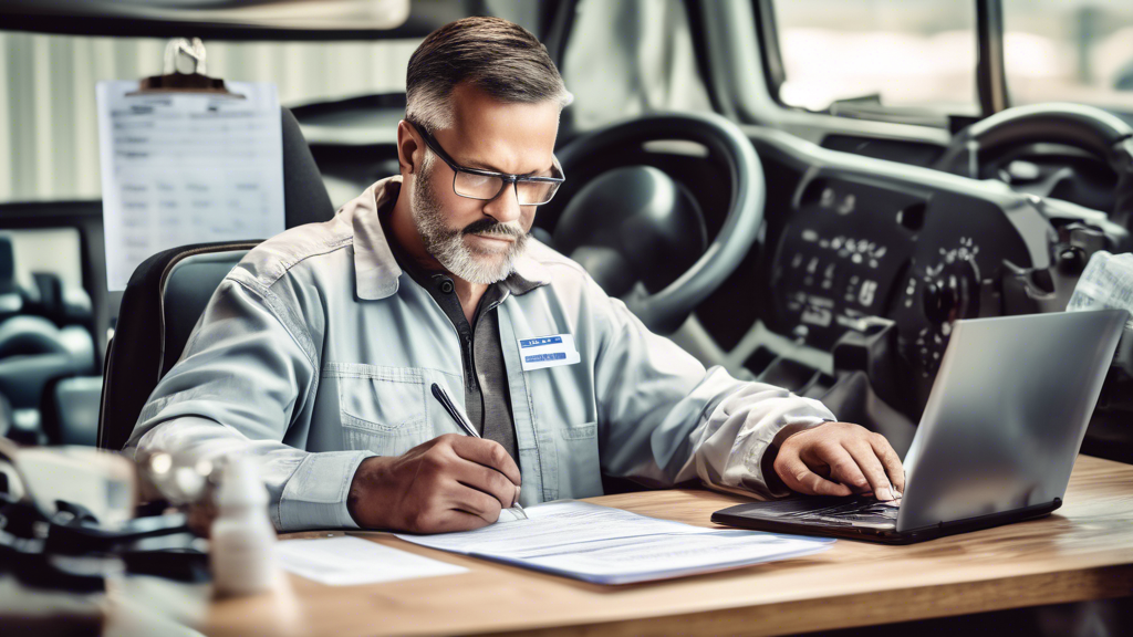 Create an image that shows a commercial truck driver preparing for their DOT CDL Physical Exam. The scene features a driver organizing essential documents such as medical history, prescription lists, and ID cards on a desk. The background includes a calendar with the exam date circled, a pair of glasses, and a set of weights, illustrating tips for improving vision and maintaining a healthy lifestyle. The atmosphere should be informative and slightly tense, reflecting the importance of preparation for the exam.