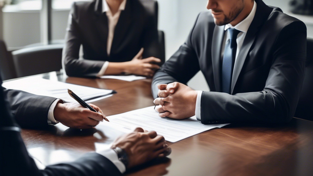 Create an image that illustrates the critical steps involved in making the final decision on the best injury attorney near me. The scene should include: 
1. A client sitting at a desk, reviewing and signing a retainer agreement with a professional, well-dressed attorney.
2. Both individuals engaged in a discussion, highlighting good communication and rapport.
3. Imaginative elements like speech bubbles or infographics showing key points such as Compatibility & Communication, Availability & Commitment, and Accessibility.
4. Background elements like a legal office with framed degrees and a visible office location map to emphasize the importance of local proximity.
5. Warm, inviting lighting to convey a sense of confidence and trust in making the right decision. 

Keyword: best injury attorney near me.