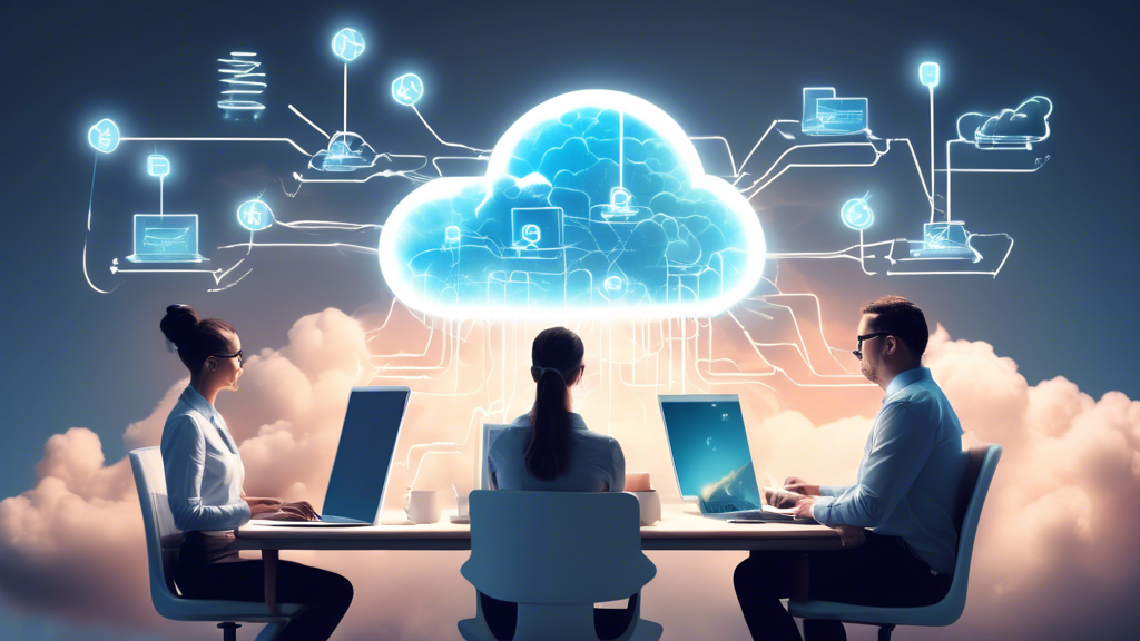 An image showcasing a small to medium-sized business setting with employees working on laptops and tablets, all connected to a dynamic, glowing cloud above them representing a free cloud server. The cloud should exude a sense of flexibility and scalability, with arrows pointing outward and upward, symbolizing growth potential. Subtle dollar signs should be integrated into the cloud to represent cost-efficiency. Additionally, include elements that hint at testing and developing, such as code snippets or design drafts visible on screens, to emphasize risk-free experimentation.