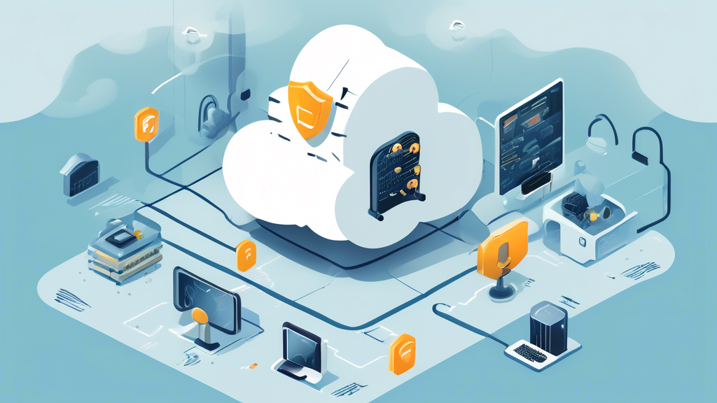 Create an image that conveys the limitations and challenges of using a free cloud server. The image should show a server with warning icons indicating limited resources and capacities, a padlock or shield symbolizing security concerns, and a roadmap or signpost illustrating the decision to eventually upgrade to a paid model. The background should include a cloud with digital data elements to denote the cloud server context. Keywords to emphasize: free cloud server, limitations, challenges, security, upgrade path.